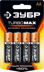 Щелочная батарейка 1.5 В, тип АА, 4 шт, ЗУБР Turbo-MAX