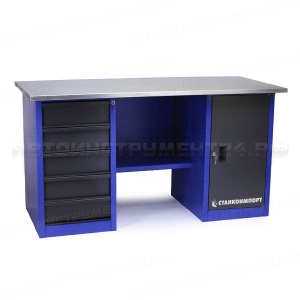 Стол для слесарных работ 1600 мм 2 тумбы (тумба с дверью, тумба с 5-ю ящиками) без экрана