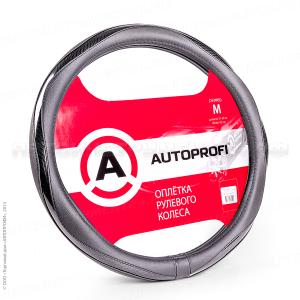 Оплётка руля "AUTOPROFI", экокожа, вставка из ПВХ под карбон, гладкая, чёрый, разм. М,, 1/20