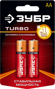 Щелочная батарейка 1.5 В, тип АА, 2 шт, ЗУБР Turbo