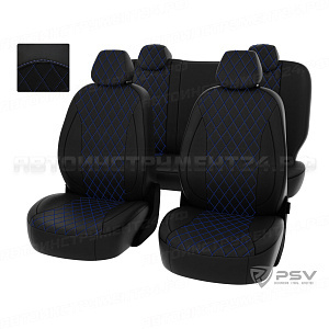 Чехлы Toyota Rav4 IV 2012-> РОМБ/отстрочка синяя, черная экокожа "Статус"
