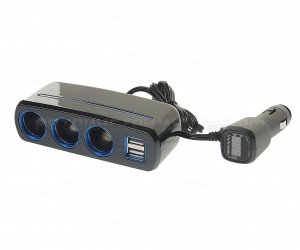 Разветвитель прикуривателя AB-54405 BLACK 3гнезда+2USB, с подсветкой и тестером АКБ, кнопками вкл/выкл, кабель 60см, двуст.скотч 12-24V АВТОСТОП/1/60