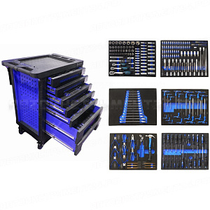 Тележка с набором инструментовCr-V 248 предметов,(синяя)с пластиковой защитой корпуса+2боковые перфорации460х770х980(полки:65х400х530-5шт,140х400х530мм-2шт) Forsage F-1141217AB