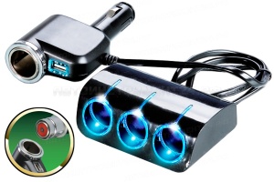 Разветвитель прикуривателя 12/24V на 3 гнезда 120W + 1 гнездо и 1хUSB разъем 5V-1.2А, св.подсв.