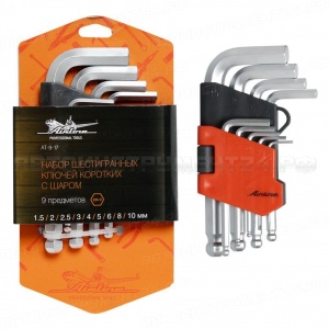 Набор шестигранных ключей коротких инбус с шаром 9 предметов (1.5,2,2.5,3,4,5,6,8,10мм) пласт.подвес AIRLINE, AT-9-17