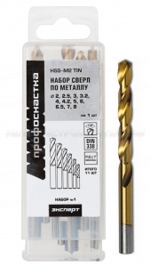 Набор сверл по металлу №1 ПрофОснастка Эксперт ?2/2,5/3/3,2/4/4,2/5/6/6,5/7/8 мм HSS M2 TIN/135° DIN 338 (11 шт.упак. в пласт. бокс)