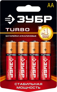 Щелочная батарейка 1.5 В, тип АА, 4 шт, ЗУБР Turbo