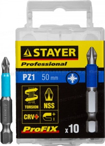 Биты STAYER "PROFESSIONAL" ProFix Pozidriv, тип хвостовика E 1/4", № 1, L=50мм, 10шт