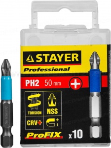 Биты STAYER "PROFESSIONAL" ProFix Phillips, тип хвостовика E 1/4", № 2, L=50мм, 10шт