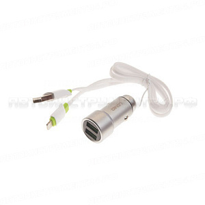 Устройство зарядное C-3021 с подсветкой, в прикуриватель: DC12/24V - 2*USB(max=3.6A) +кабель для iPhone 5,6,7 (Lighting); LDNIO /1 NEW