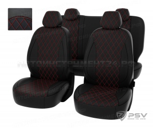 Чехлы Renault Logan I 2004-2015 г. - РОМБ/отстрочка красная, черная экокожа "Статус"