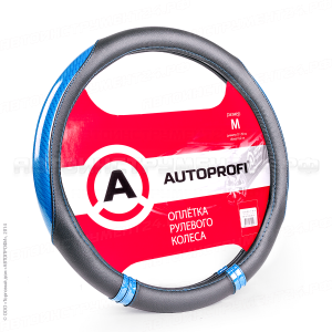 Оплётка руля "AUTOPROFI", экокожа, 4 вставки из ПВХ под карбон, прострочка в цвет, гладкая, чёрн./си