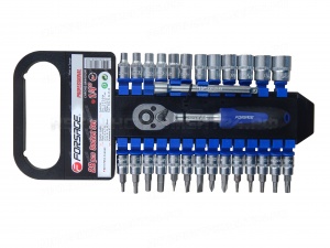 Набор головок и бит с трещоткой 28 предметов 1/4" (4-14мм; Torx:T10-T30; Hex:3-6мм;SL:4,5.5,7мм; PH1,2), на пластиковом держателе Forsage F-027-5 MSA