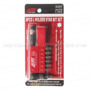 Набор бит 1/4" TORX с отверстием Т10Н-Т40Н с Г-образным держателем 8 предметов JTC