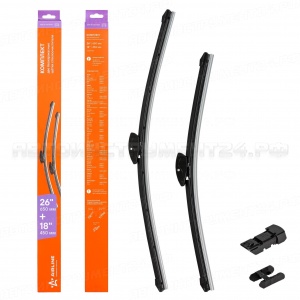 Щетки стеклоочистителя 650/450 мм (26"/18") бескаркасные, 2 шт. 3 адаптера AIRLINE, AWB-BK-650-450K