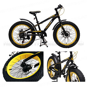 Велосипед подростковый Фэтбайк(рама:алюм., колес:20",7 скоростей, диск. тормоза перед/зад, покрышки 4", матер. седла:винил, щитки,черный,bumble bee) Forsage FB20005