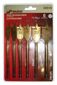 Набор сверел перьевых по дереву 6пр.12-16-18-20-22-25мм 1/4" 30515