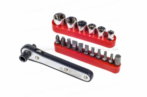 Трещотка мини 1/4"x1/4" в наборе с битами и головками 18 предметов, 800217-X