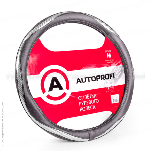 Оплётка руля "AUTOPROFI", экокожа, вставка из ПВХ под карбон, гладкая, чёрн./серебро, разм. М,, 1/20