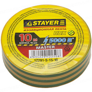 Изолента, STAYER Master 12291-S-15-10, ПВХ, 5000 В, 15мм х 10м, желто-зеленая