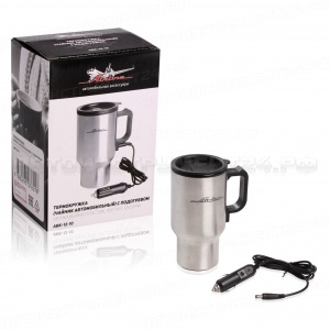Термокружка (чайник автомобильный) с подогревом, нержавейка/пластик, 450 мл, 12V/24W AIRLINE, ABK-12-10