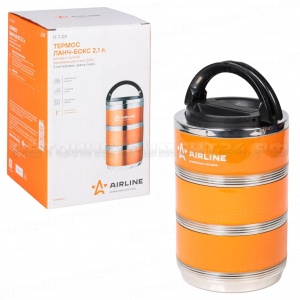 Термос ланч-бокс для еды с ручкой, нерж. сталь (304), 3 контейнера, 2,1 л., оранж./черн. AIRLINE, IT-T-03