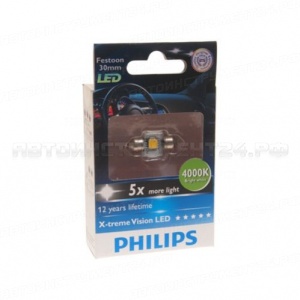 Автолампа C5W (SV8.5/8) 30мм X-tremeVision LED (блистер) 4000K 12V PHILIPS /1/10 NEW