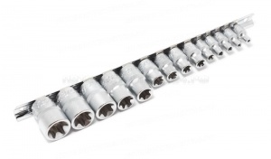Набор головок Е-профиль 15 предметов 1/4"&3/8"&1/2" (1/4"Е4-Е8,3/8"Е10-Е14,1/2"Е16-Е24) на планке Forsage F-4158