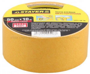 Двухсторонняя клейкая лента на полипропиленовой основе, STAYER 1221-50-10, 50мм х 10м