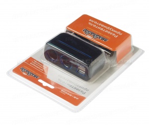 Разветвитель прикуривателя AB-54406 BLACK на 2 гнезда + 3USB, с подстветкой, длина кабеля 60см (двусторонний скотч в комплекте) 12-24V АВТОСТОП /1/100