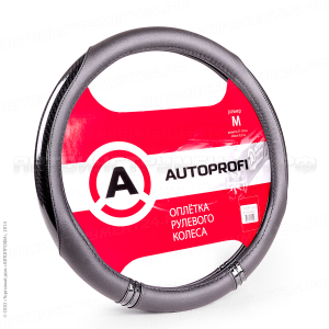 Оплётка руля "AUTOPROFI", экокожа, 4 вставки из ПВХ под карбон, прострочка в цвет, гладкая, чёрый, р