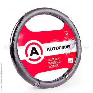 Оплётка руля "AUTOPROFI", экокожа, 4 вставки из ПВХ под карбон, прострочка в цвет, гладкая, чёрый, р