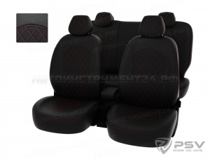 Чехлы Kia Rio III 2011-2017 г. - Sd РОМБ/Отстрочка красная,черная экокожа "Оригинал"