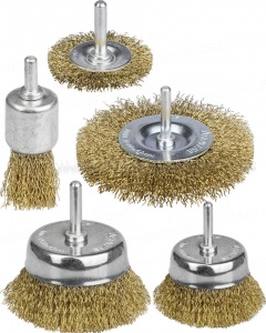 STAYER "PROFESSIONAL". Набор щеток-крацовок для дрели, витая стальная латунированная проволока 0,3мм, диск. 50,75мм, чаш. 50,75мм, кист. 25мм, 5шт