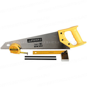 Набор STAYER "STANDARD" для столярных работ: ножовка по дереву 400 мм, угольник 200 мм, рулетка 3 м, 2 карандаша, 5 пред