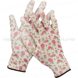 Перчатки GRINDA садовые, прозрачное PU покрытие, 13 класс вязки, бело-розовые, размер L