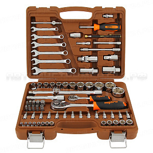 Универсальный набор инструмента торцевые головки 1/4"DR и 1/2"DR, аксессуары к ним и комбинированные ключи, 72 предмета.
