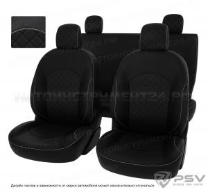 Чехлы Renault Logan/Sandero/Stepway 2012-> дел. РОМБ, черный/отстрочка белая, экокожа *Оригинал*