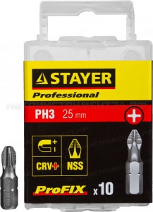 Биты STAYER "PROFESSIONAL" ProFix Phillips, тип хвостовика C 1/4", № 3, L=25мм, 10шт