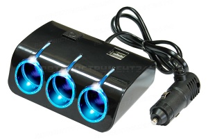 Разветвитель прикуривателя 12/24V на 3 гнезда 120W + 2хUSB разъема 5V-1.2А, с выкл., св. подсв.