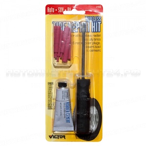 Набор профессиональный "Ремонт бескамерных шин 8 предметов" (шило, клей 12мл, вставки красные резиновые 6шт) VICTOR /1/12