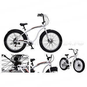 Велосипед Фэтбайк(рама:алюм., колес:26",7 скоростей, диск. тормоза Tektro перед/зад, покрышки 4", матер. седла:винил, щитки,белый,New wave) Forsage FB26001